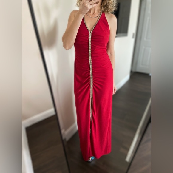 Vintage Betsy & Adam Red Rhinestone Full Length Formal Dress Open back - Picture 13 of 15